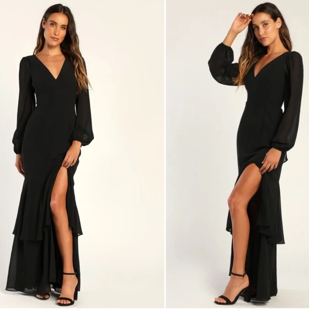 LULU's Sexy Chic Elegant Long Sleeve Romantic Flowy Bridesmaid Wedding Gown